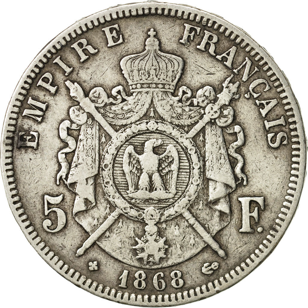 France, Napoléon III, 5 Francs, 1868, Strasbourg, VF(30-35), Silver, KM:799.2
