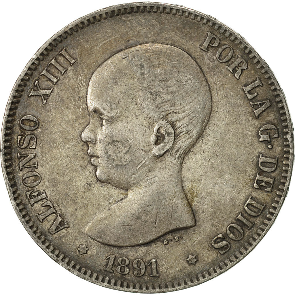 Moneda, España, Alfonso XIII, 5 Pesetas, 1891, BC+, Plata, KM:689