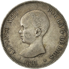 Moneda, España, Alfonso XIII, 5 Pesetas, 1891, BC+, Plata, KM:689