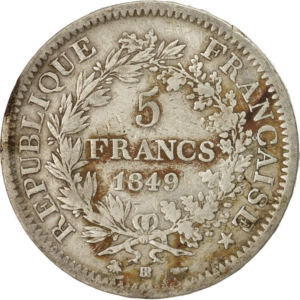 Francia, Hercule, 5 Francs, 1849, Strasbourg, MB, Argento, KM:756.2, Gadoury:683
