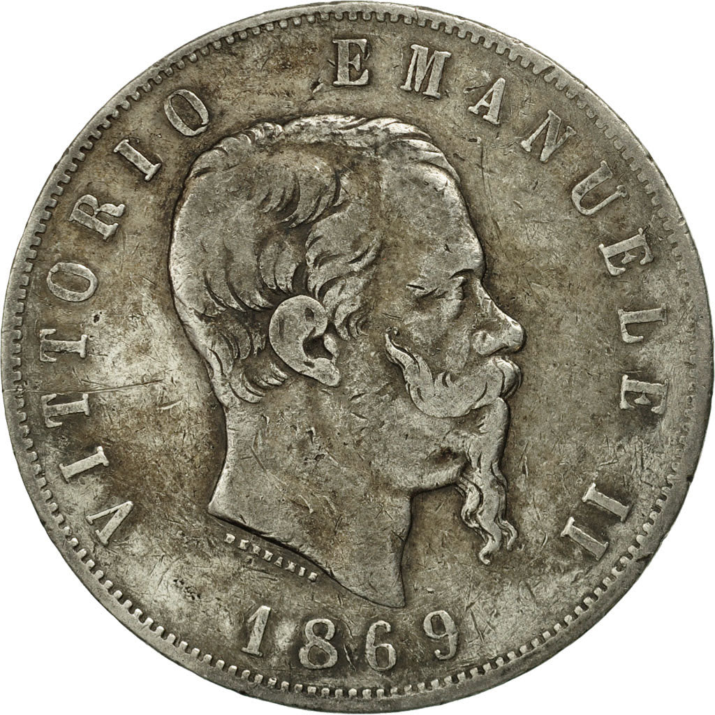 Italie, Vittorio Emanuele II, 5 Lire, 1869, Milan, TB, Argent, KM:8.3
