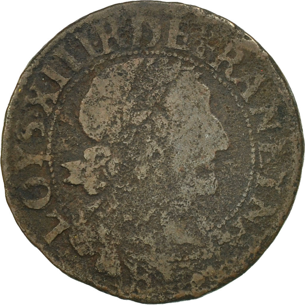 France, Louis XIII, Double tournois, 1638, Rouen, TB, Cuivre, CGKL:434A