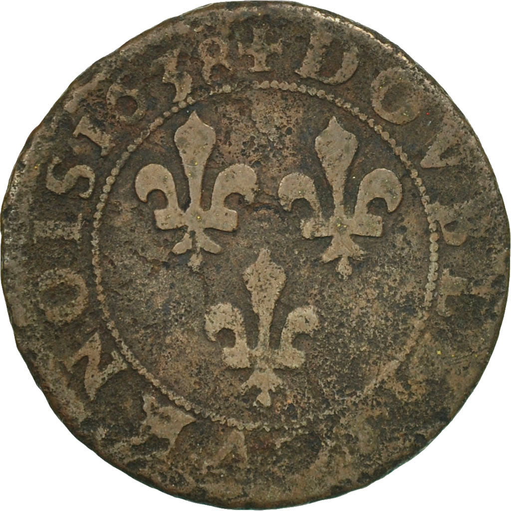 France, Louis XIII, Double tournois, 1638, Rouen, TB, Cuivre, CGKL:434A