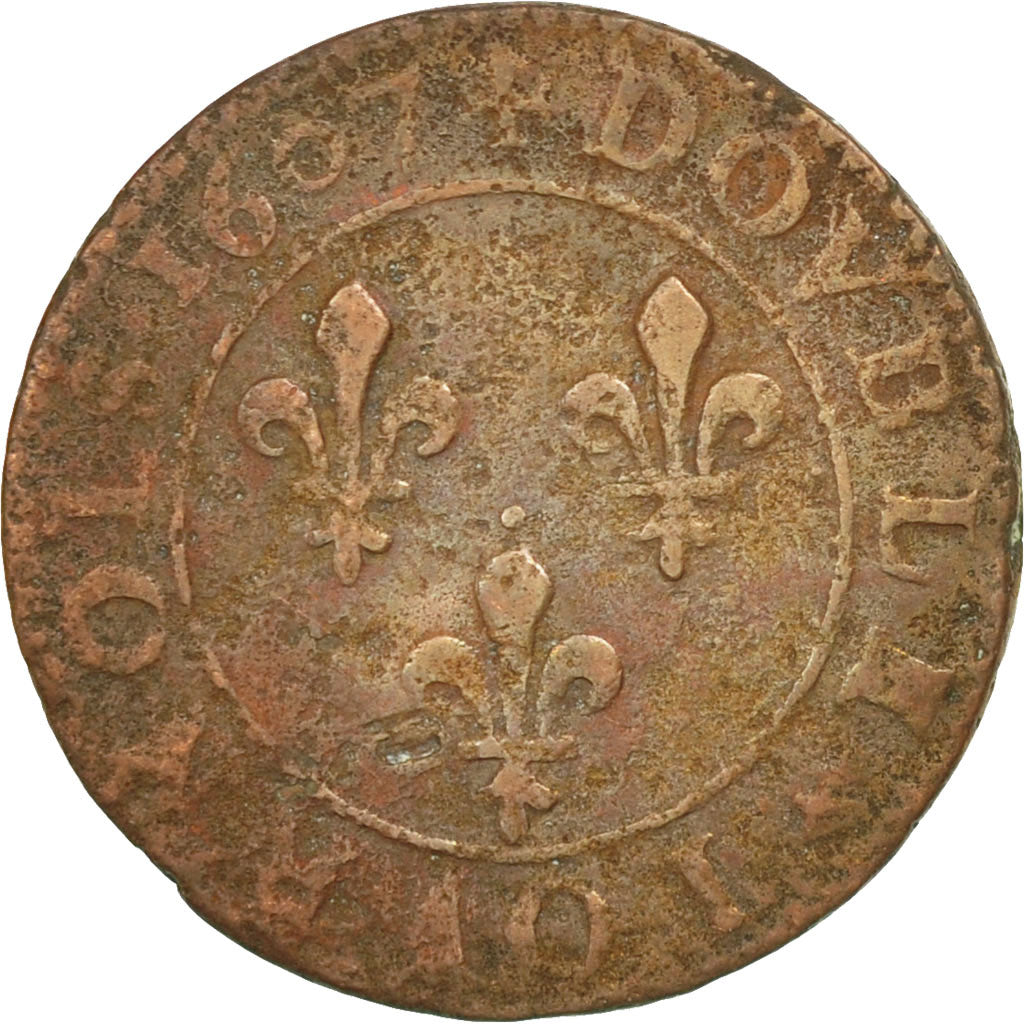 France, Henri IV, Double Tournois, 1607, Lyon, VF(20-25), Copper, CGKL:202A