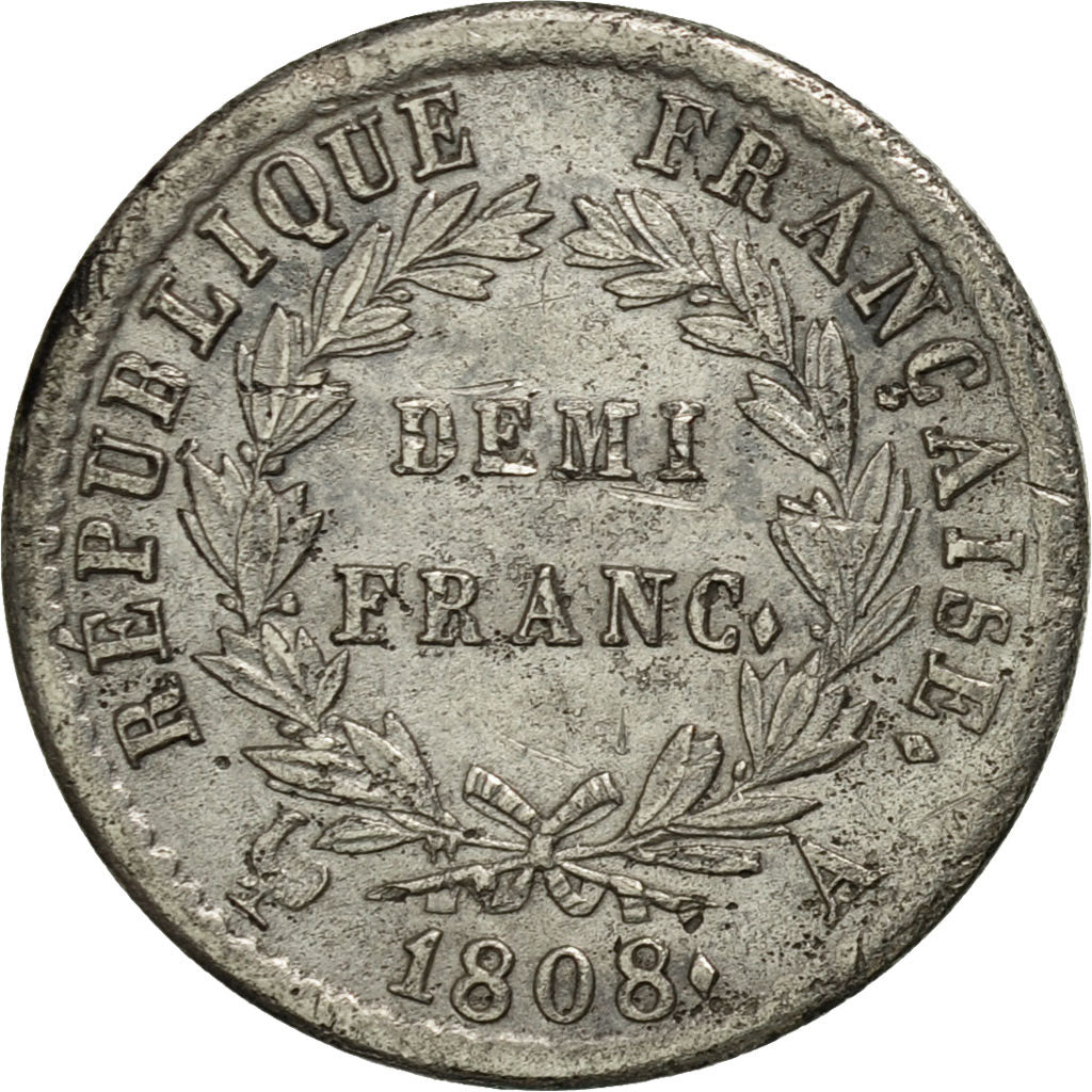 France, Napoléon I, 1/2 Franc, 1808, Paris, VF(30-35), Silver, KM:680.1