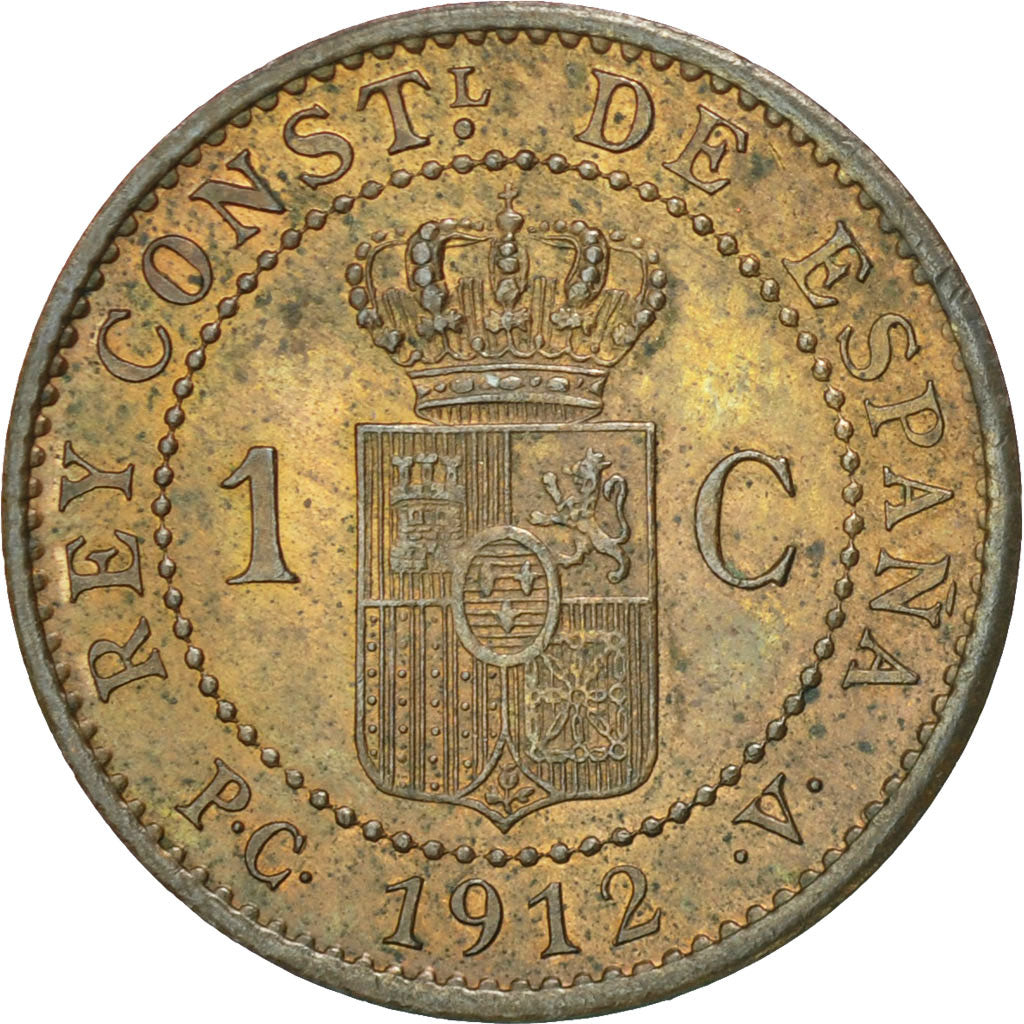 Coin, Spain, Alfonso XIII, Centimo, 1912, MS(60-62), Bronze, KM:731