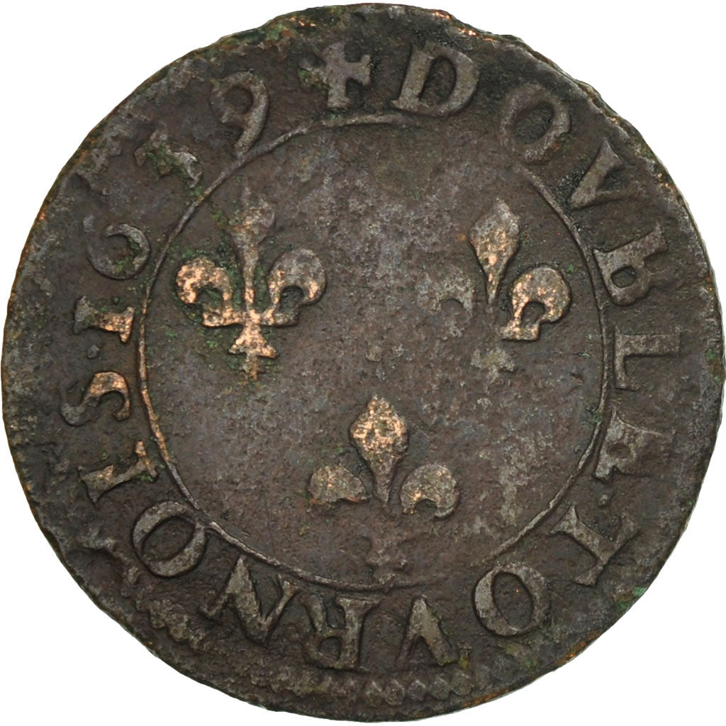 Münze, Frankreich, Louis XIII, Double Tournois, 1639, Rouen, S, Kupfer