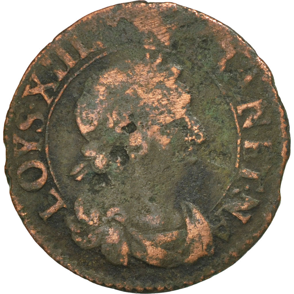 Monnaie, France, Louis XIII, Double Tournois, 1638, Rouen, B+, Cuivre, CGKL:434