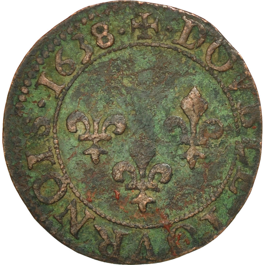Coin, France, Louis XIII, Double Tournois, 1638, Troyes, VF(30-35), Copper