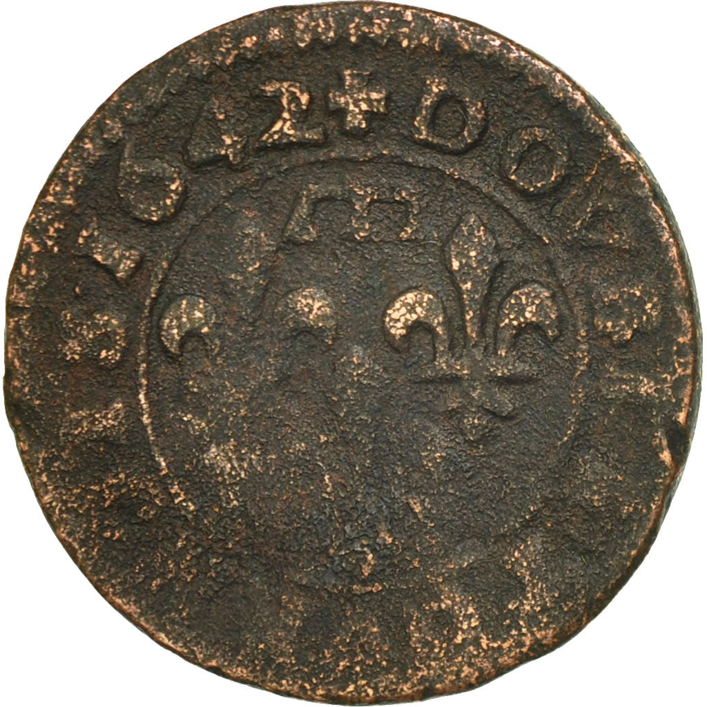Monnaie, France, DOMBES, Gaston d'Orléans, Double Tournois, 1642, Trévoux, B+