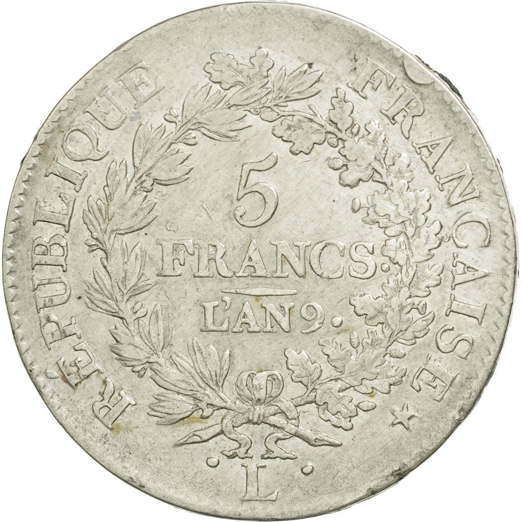 France, Union et Force, 5 Francs, An 9 (1801), Bayonne, TB, Argent, Gadoury:563a