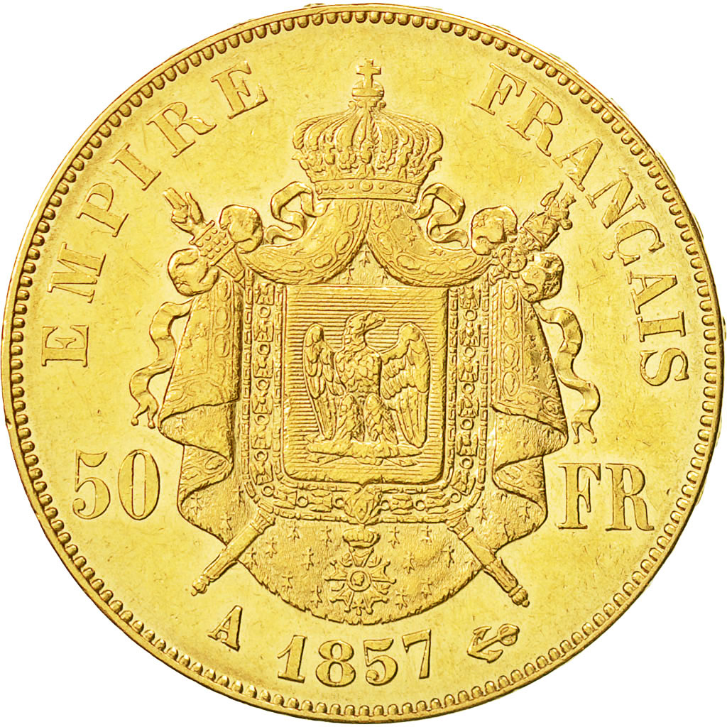 Moneta, Francia, Napoleon III, Napoléon III, 50 Francs, 1857, Paris, BB+, Oro