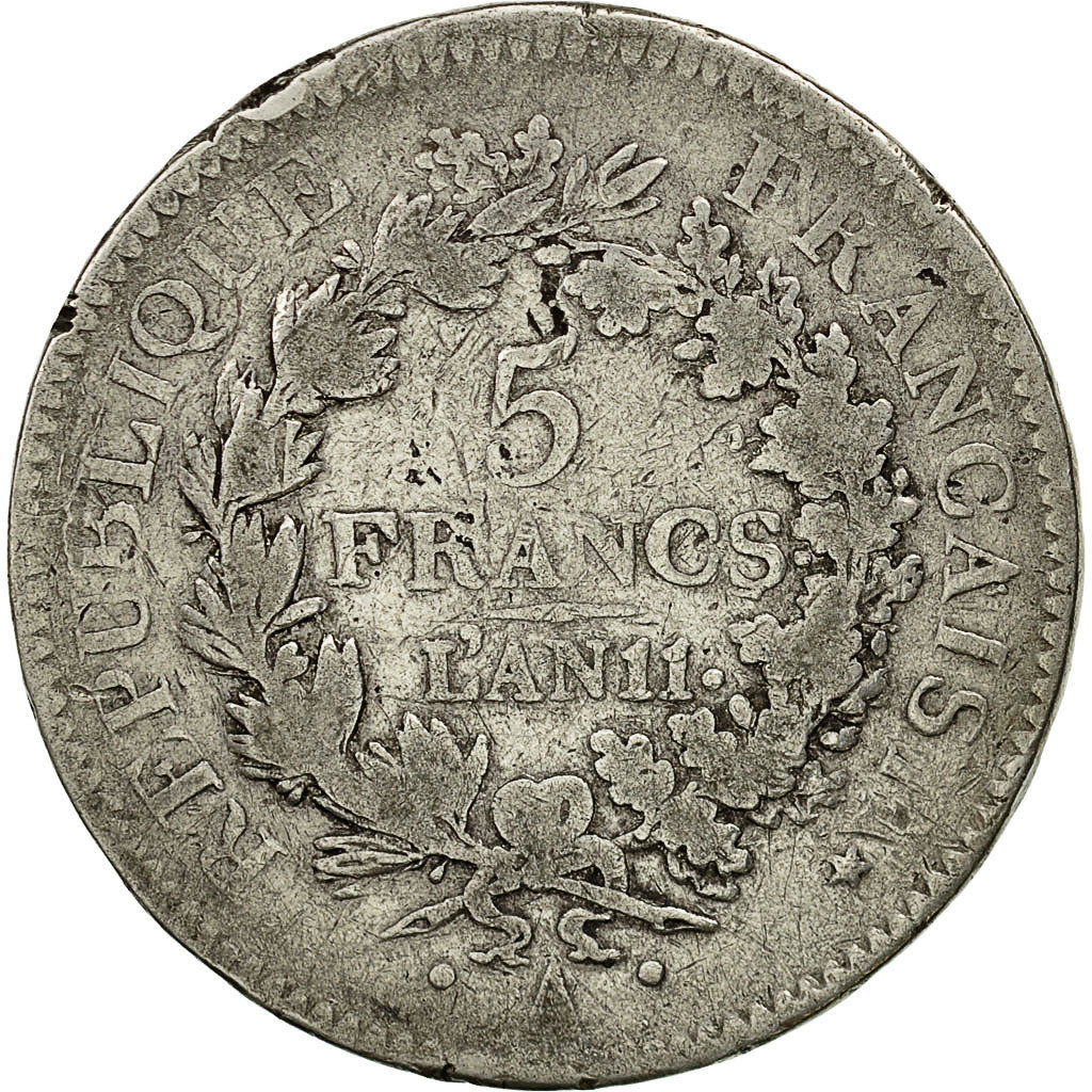 France, Union et Force, 5 Francs, AN 11, Paris, F(12-15), Silver, KM:639.1