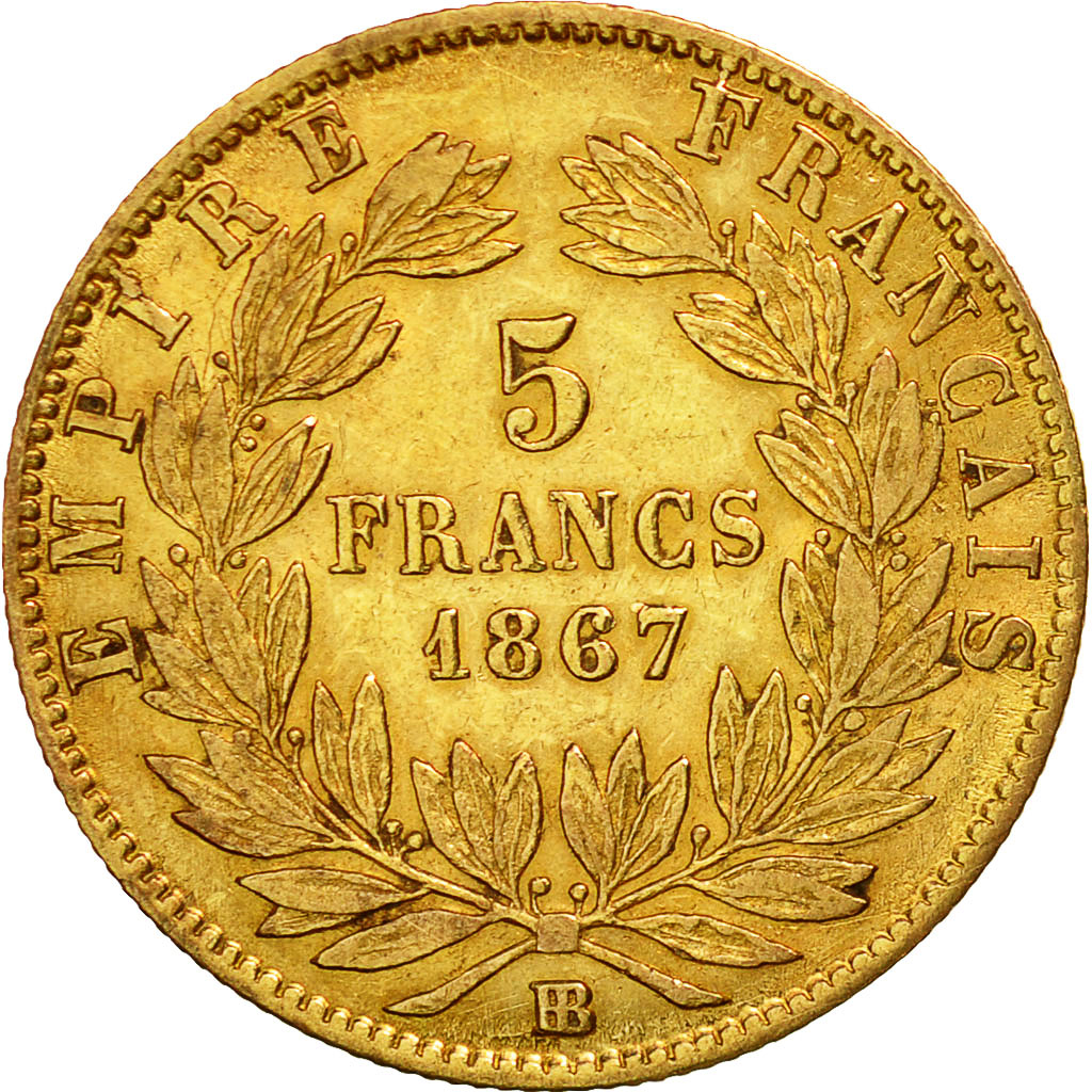 France, Napoleon III, 5 Francs, 1867, Strasbourg, TTB, Or, Gadoury:1002