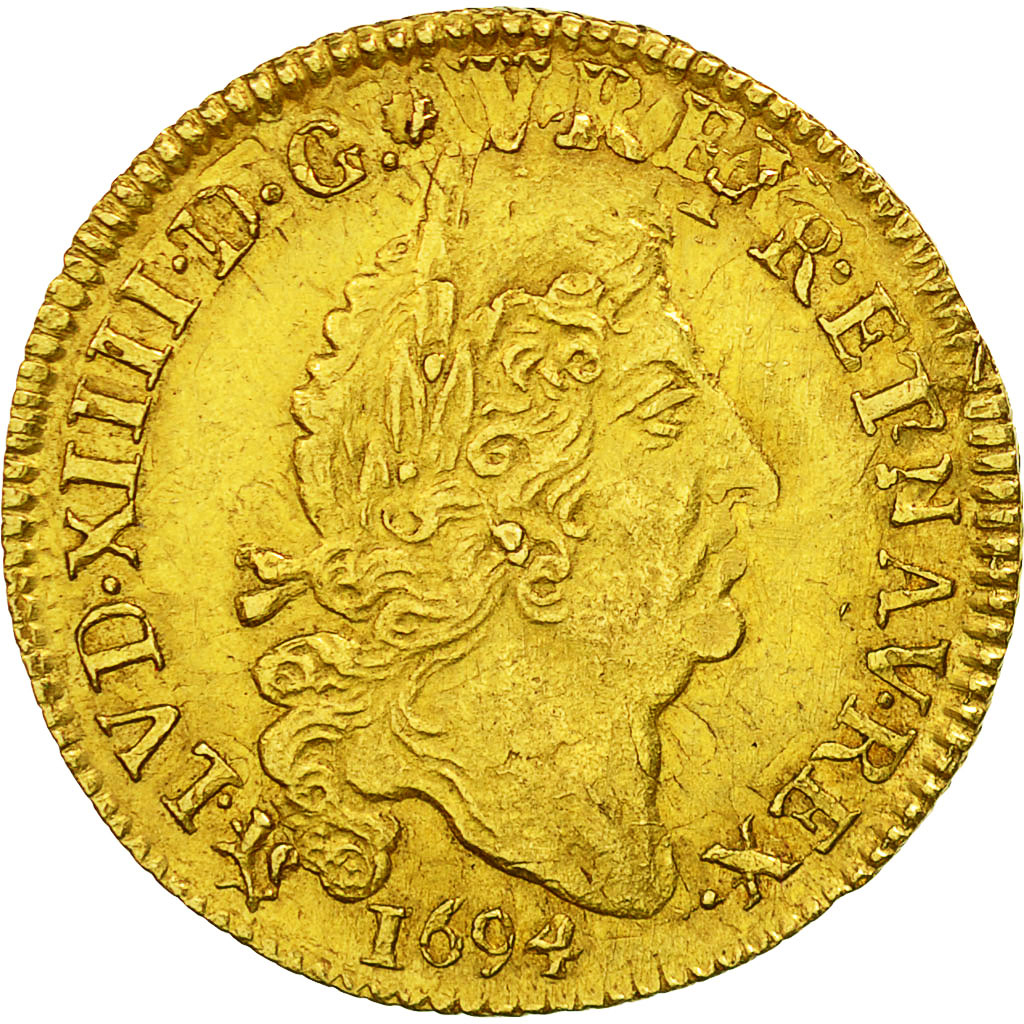 Moneta, Francia, Louis XIV, Louis d'or aux 4 L, Louis d'Or, 1694, Rennes, BB+