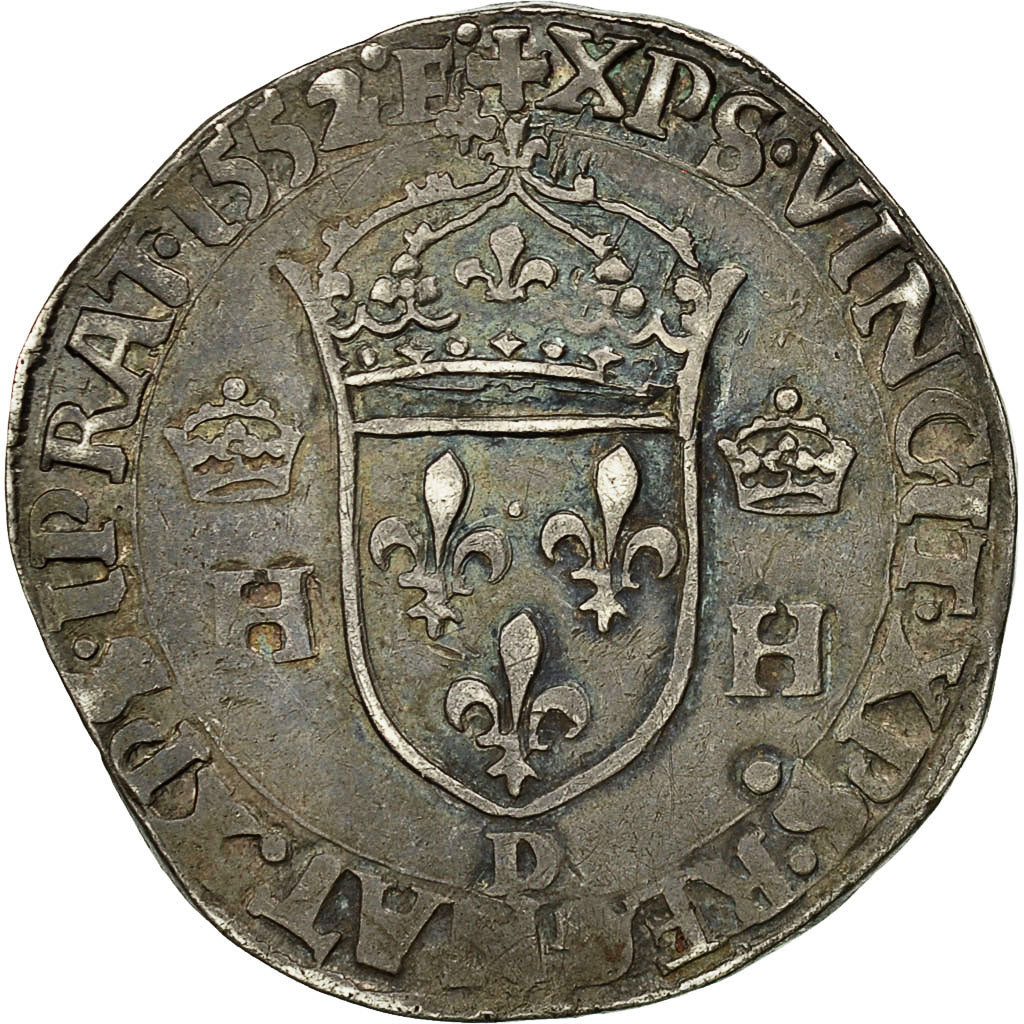Coin, France, Henri II, Teston, 1552, Lyon, EF(40-45), Silver, Sombart:4554