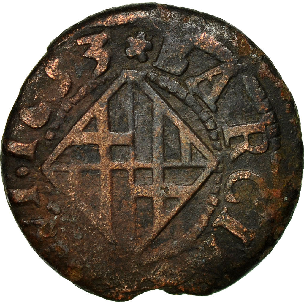 Spain, BARCELONA, Ardite, 1653, Barcelone, VF(20-25), Copper, KM:21