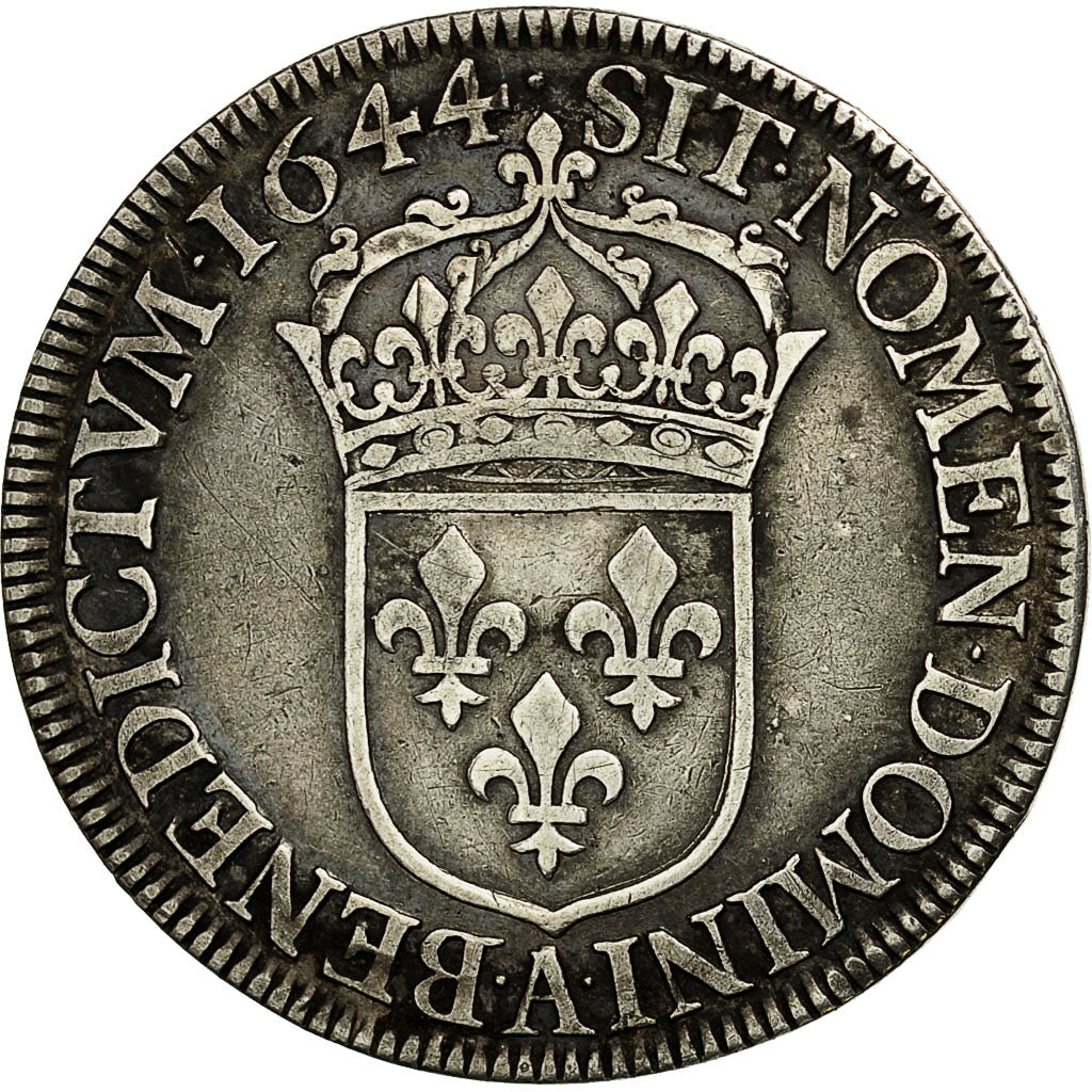 France, Louis XIV, 1/2 Écu à la mèche courte, 1644, Paris, VF(30-35), KM:163.1