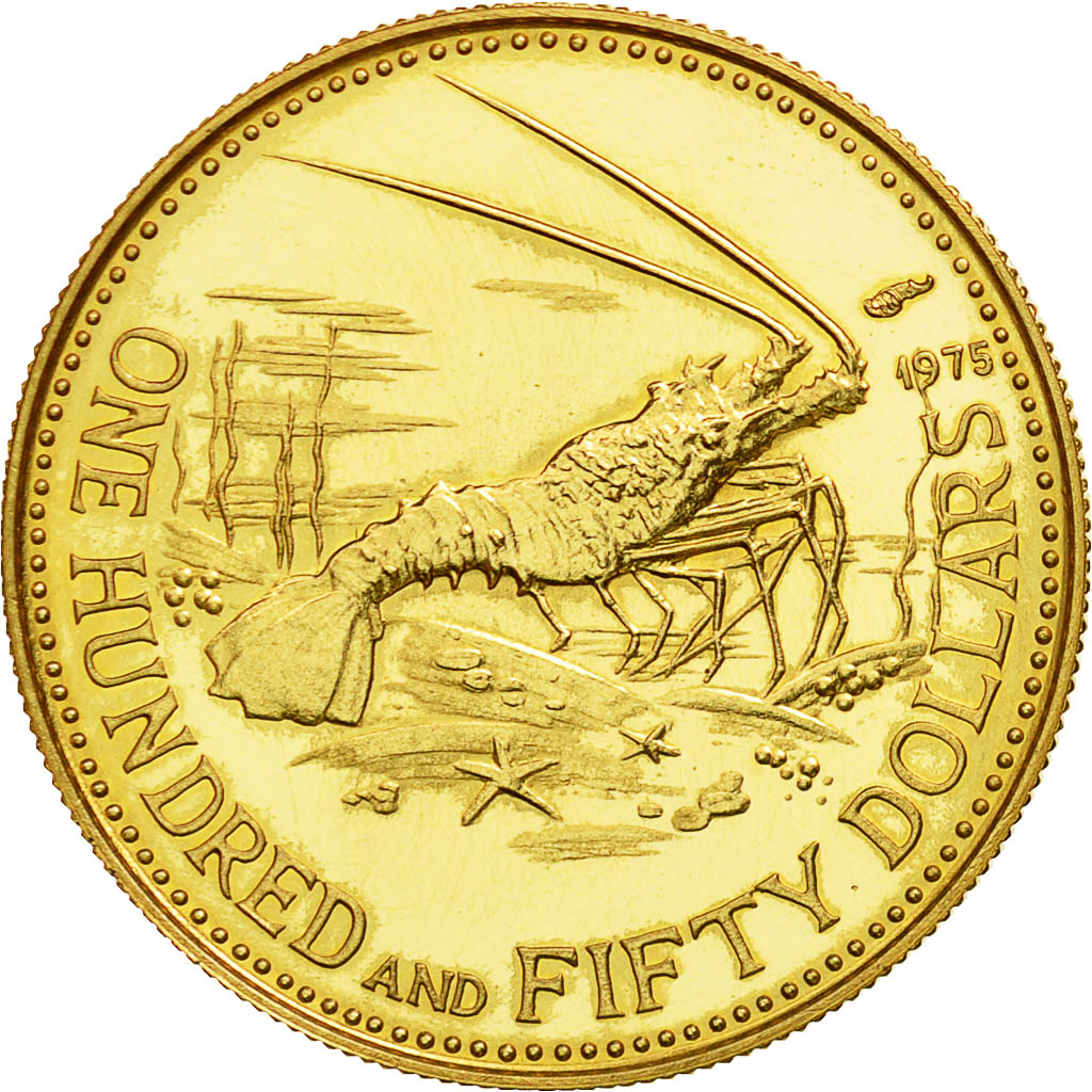 Bahamas, Elizabeth II, 150 Dollars, 1975, MS(64), Gold, KM:51