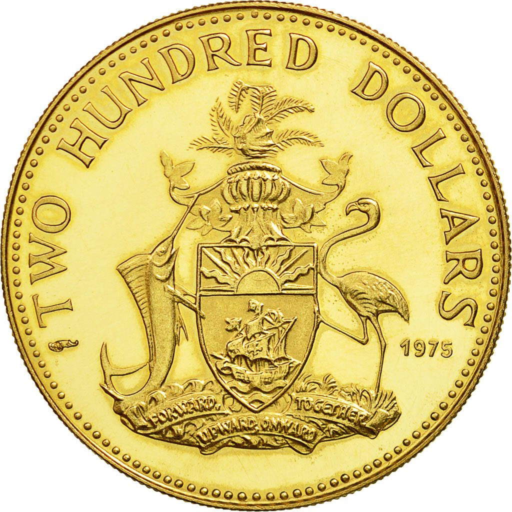 Coin, Bahamas, Elizabeth II, 200 Dollars, 1975, MS(63), Gold, KM:54