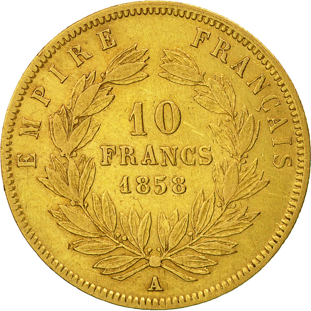 France, Napoleon III, 10 Francs, 1858, Paris, VF(20-25), Gold, KM 784.3