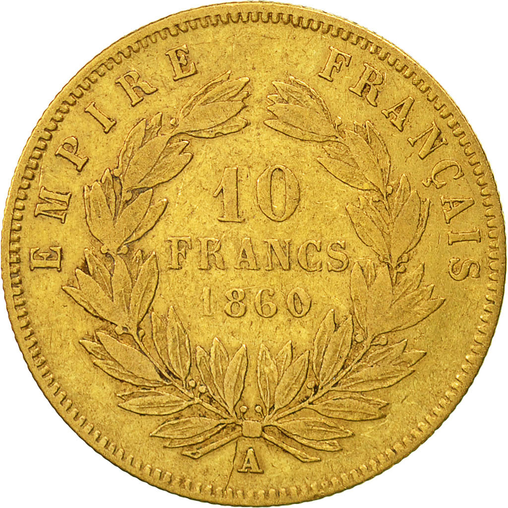 France, Napoleon III, 10 Francs, 1860, Paris, VF(20-25), Gold, KM:784.3