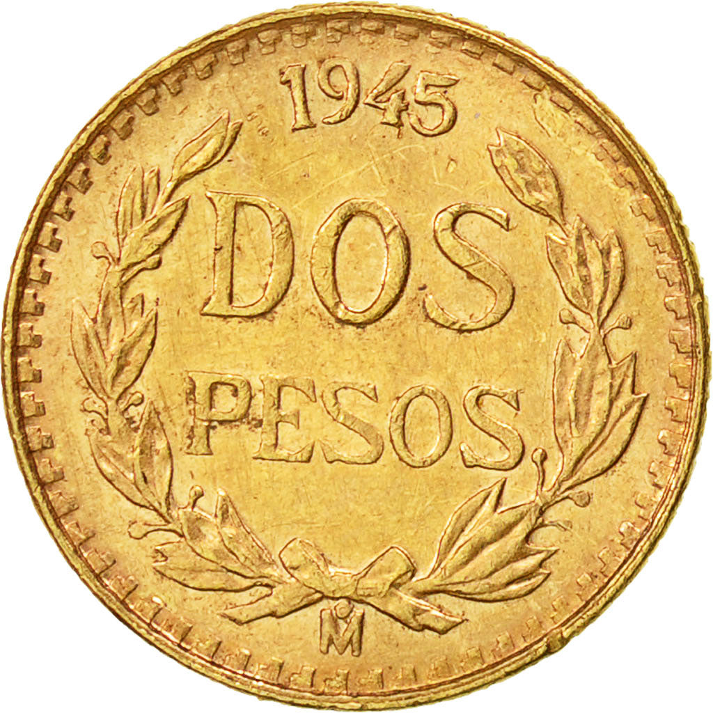 Mexico, 2 Pesos, 1945, Mexico City, AU(55-58), Gold, KM:461