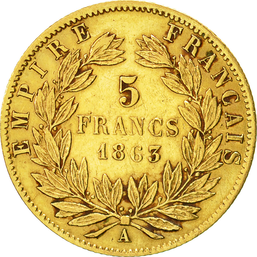 Francia, Napoleon III, 5 Francs, 1863, Paris, MBC, Oro, KM:803.1