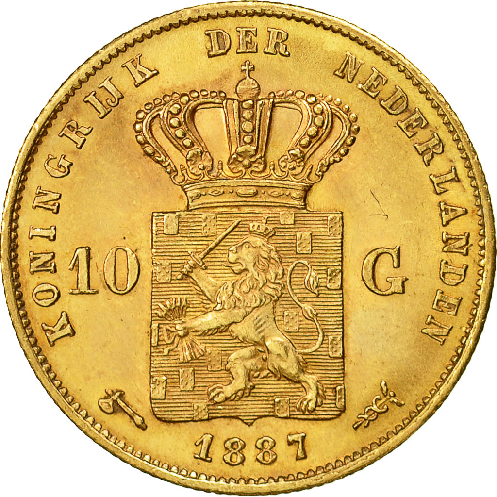 Netherlands, William III, 10 Gulden, 1887, MS(63), Gold, KM:106
