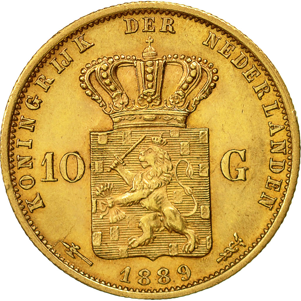 Coin, Netherlands, William III, 10 Gulden, 1889, MS(60-62), Gold, KM:106
