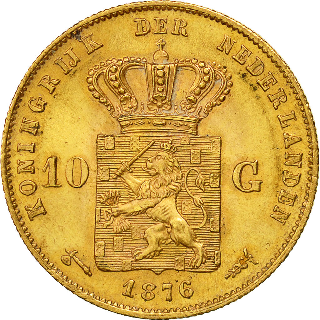 Coin, Netherlands, William III, 10 Gulden, 1876, MS(63), Gold, KM:106