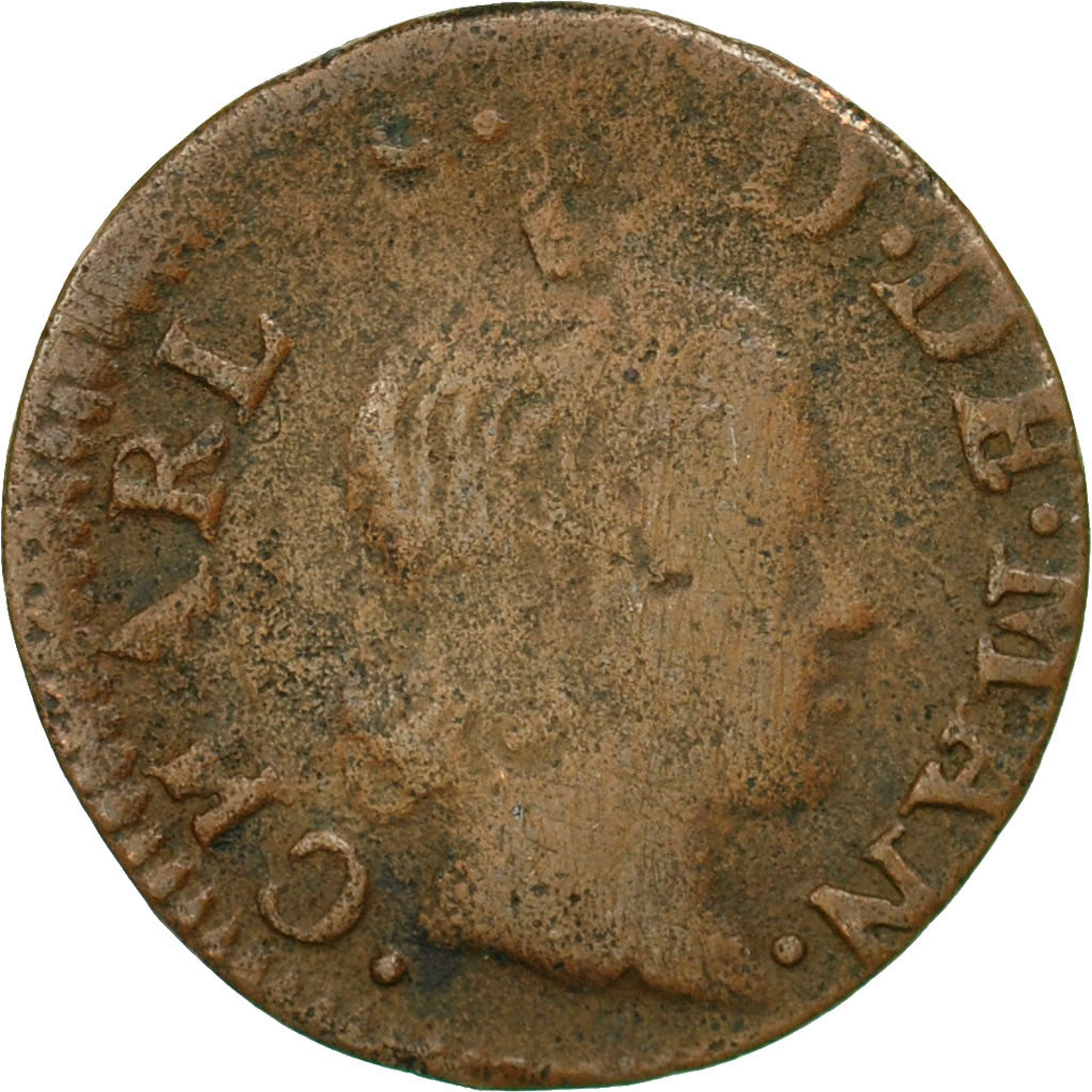 Coin, France, Ardennes, Charles II, Denier Tournois, 1654, Charleville