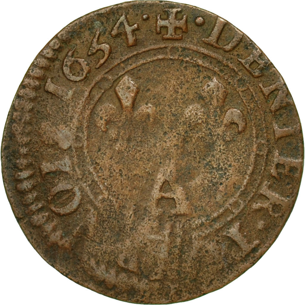 Coin, France, Ardennes, Charles II, Denier Tournois, 1654, Charleville