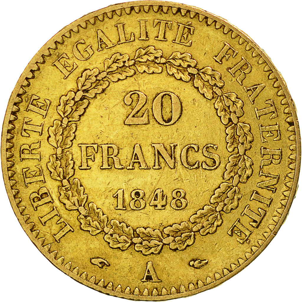 France, Génie, 20 Francs, 1848, Paris, EF(40-45), Gold, KM:757