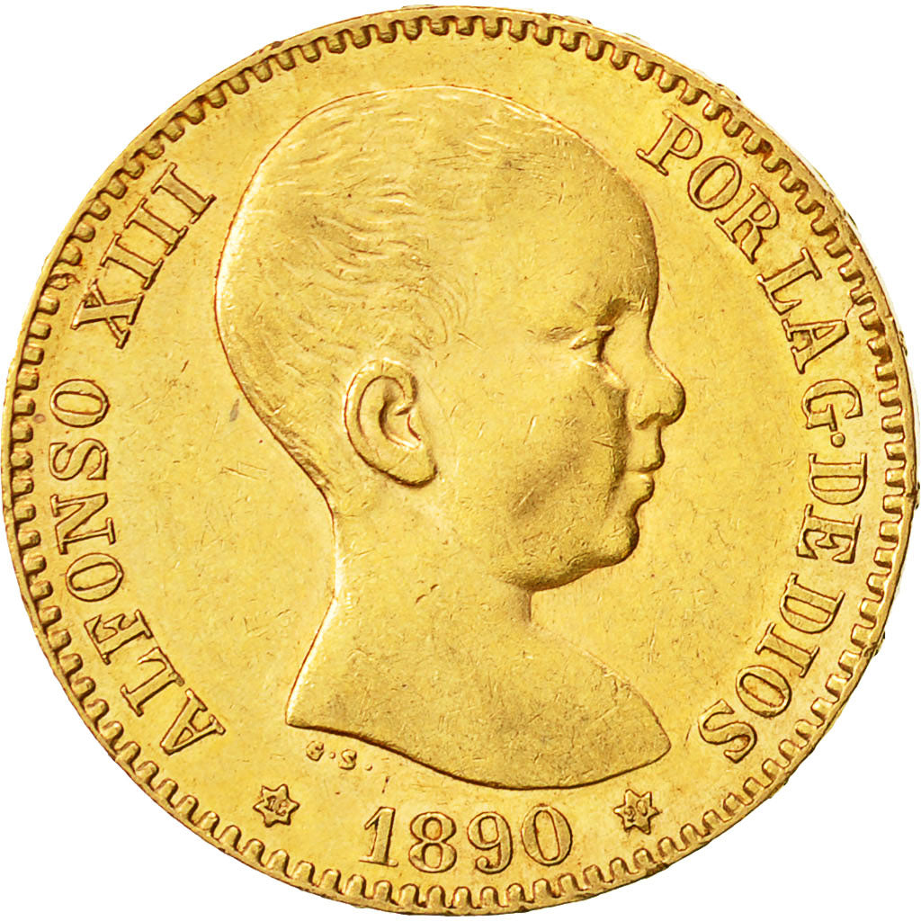 Coin, Spain, Alfonso XIII, 20 Pesetas, 1890, AU(50-53), Gold, KM:693