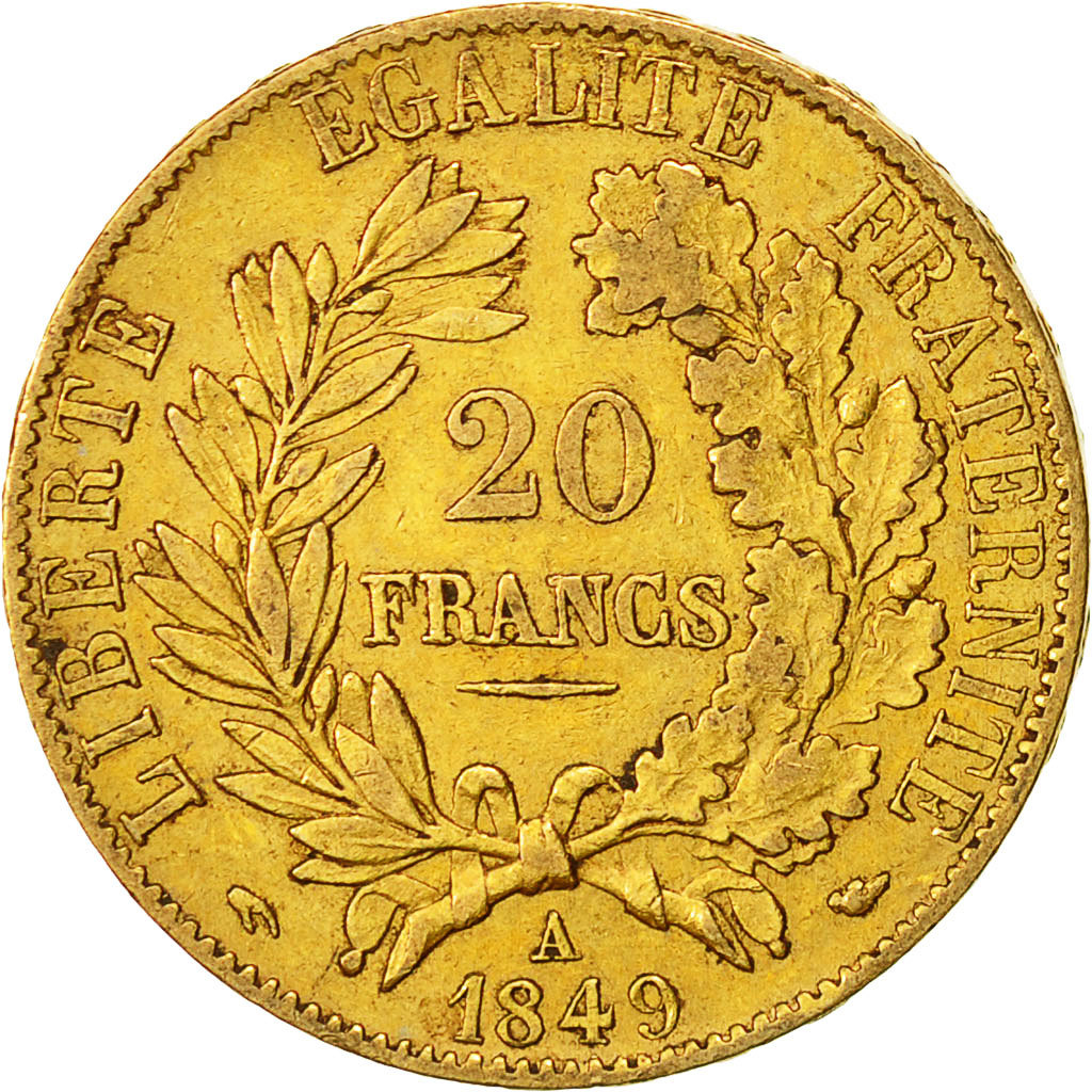 Moneda, Francia, Cérès, 20 Francs, 1849, Paris, MBC, Oro, KM:762, Gadoury:1059