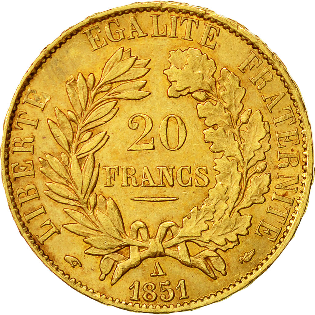France, Cérès, 20 Francs, 1851, Paris, AU(50-53), Gold, KM:762, Gadoury:1059
