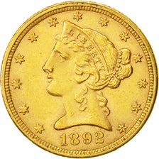 United States, Coronet Head, $5, 1892, Philadelphia, AU(55-58), Gold, KM:101