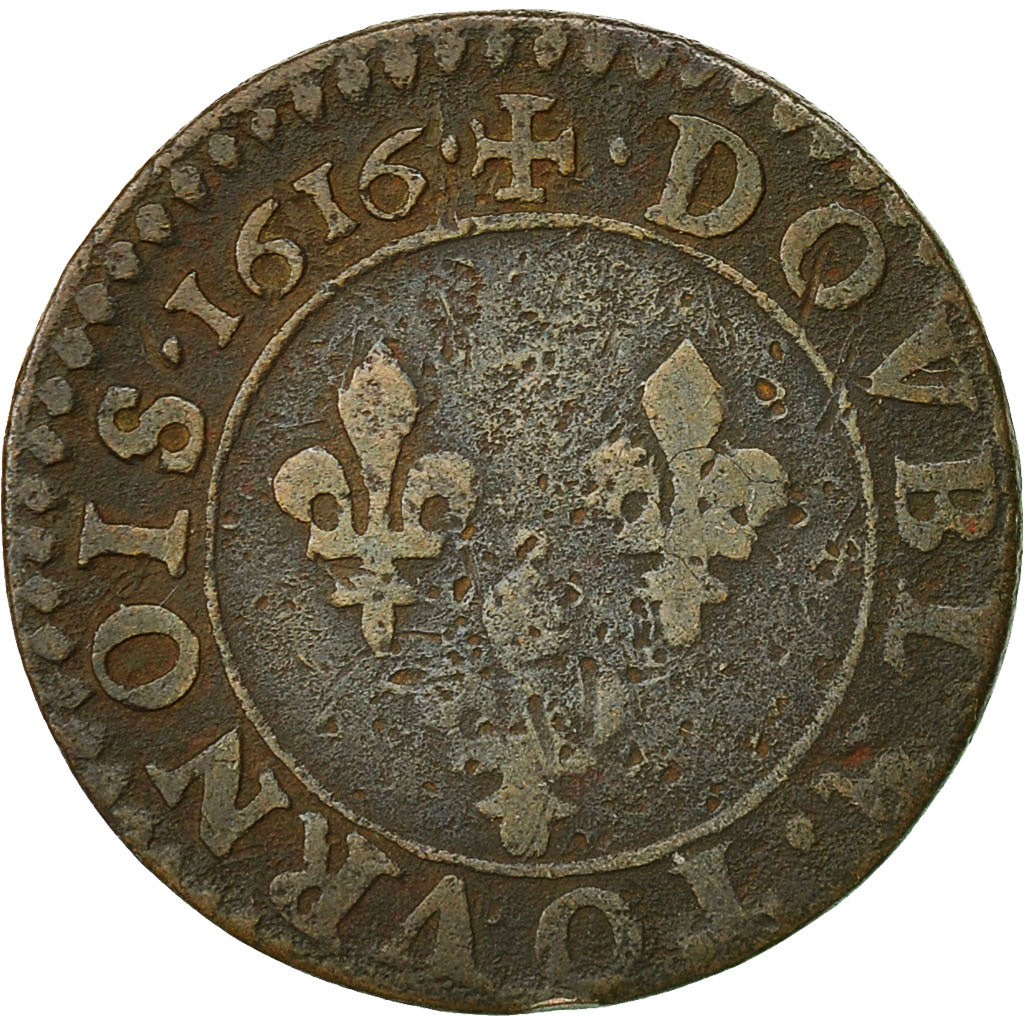 Coin, France, Louis XIII, Double tournois, 1616, Amiens, VF(20-25), Copper