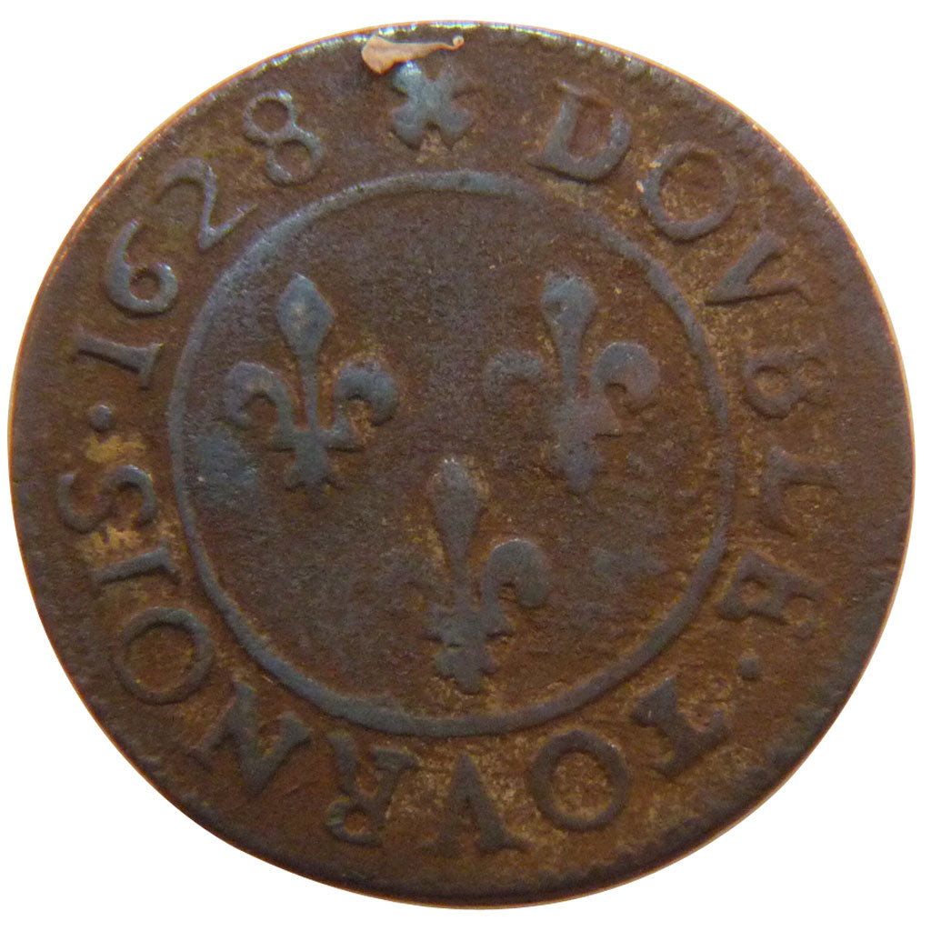FRANCE, Double tournois, buste juvénile, Double Tournois, 1628, Lyons, VF(30-35)