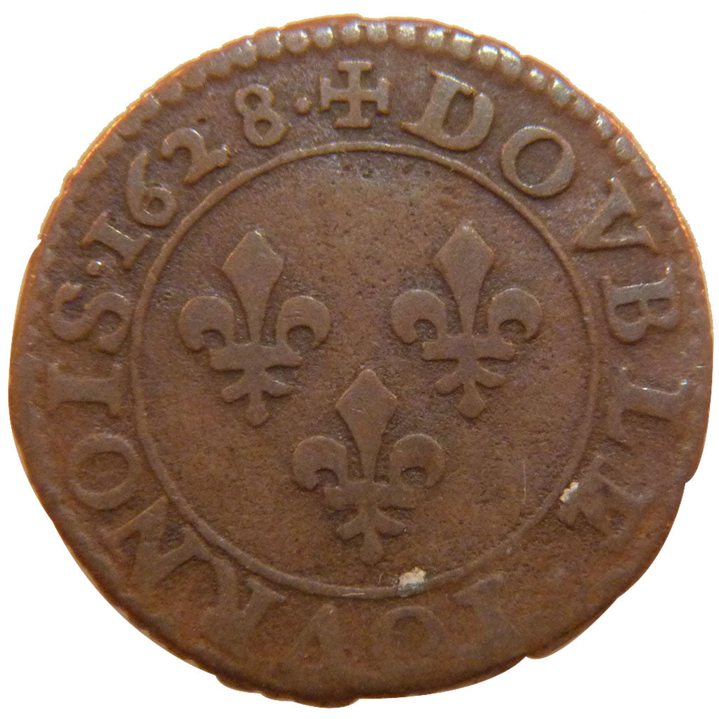 FRANCE, Double tournois, buste juvénile, Double Tournois, 1628, Paris, KM #61.1,