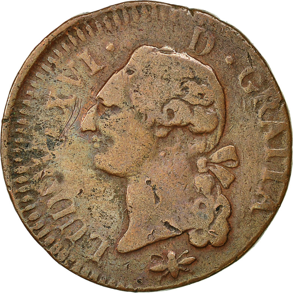 Coin, France, Louis XVI, Sol ou sou, Sol, 1791, Lyons, VF(30-35), Copper