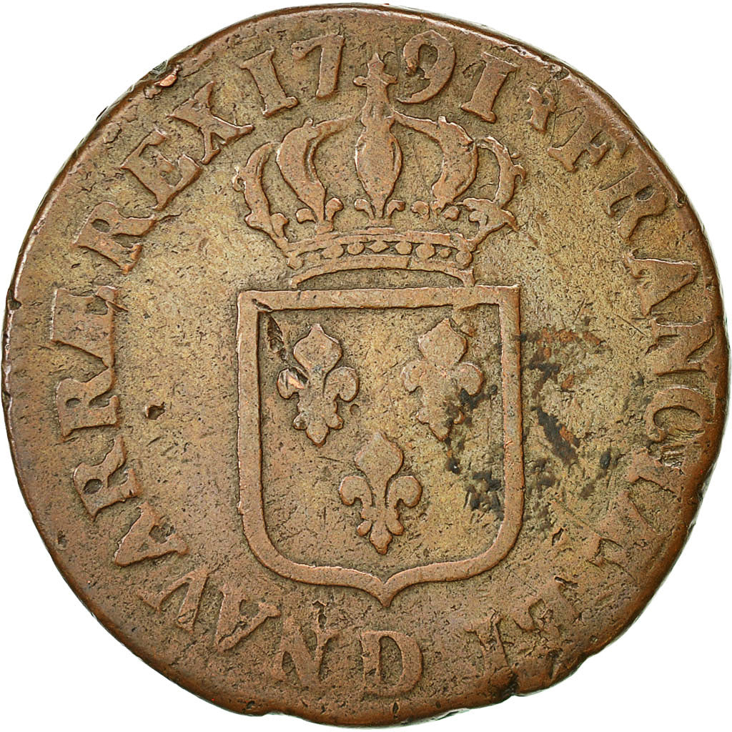 Coin, France, Louis XVI, Sol ou sou, Sol, 1791, Lyons, VF(30-35), Copper