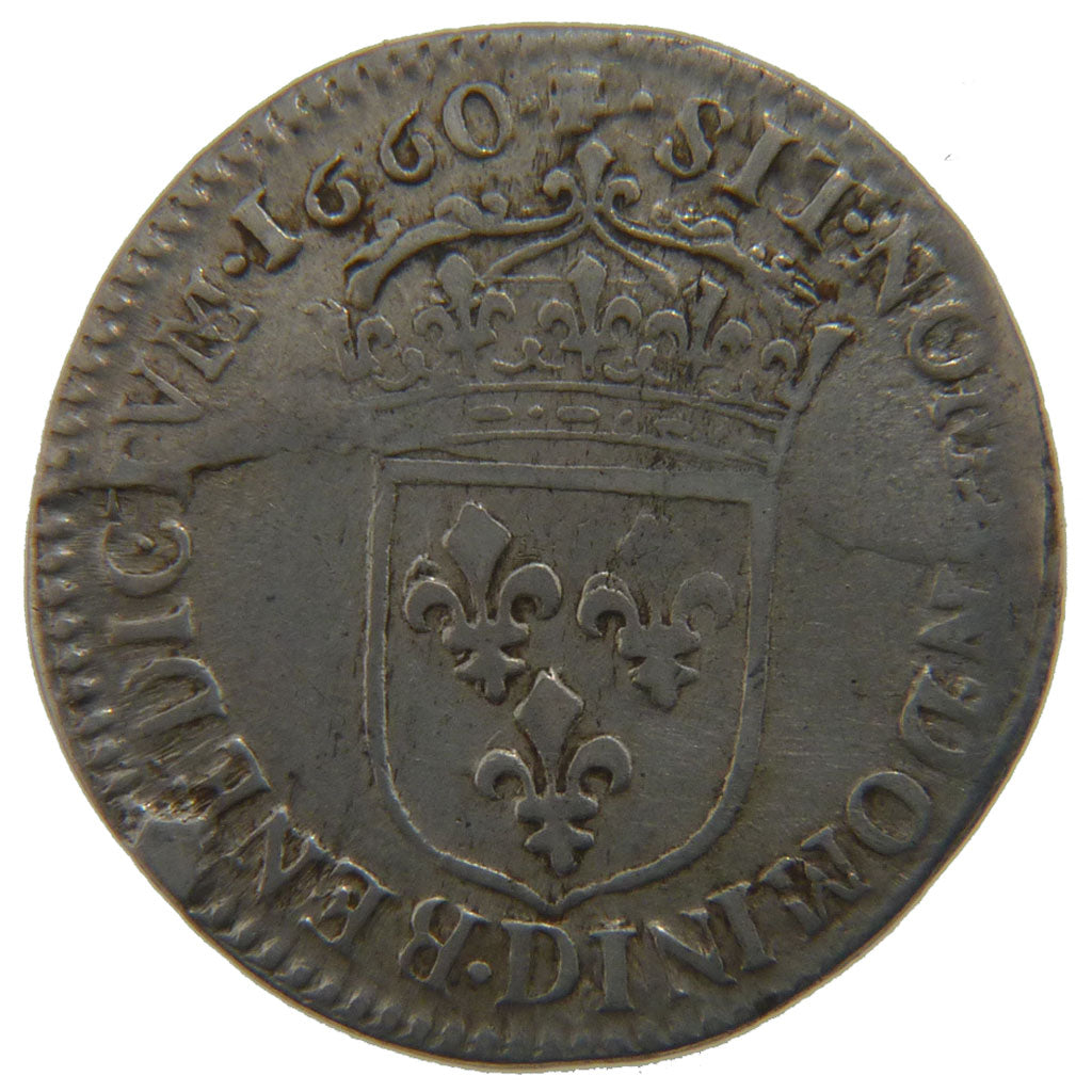 FRANCE, 1/12 Écu au buste juvénile, 1/12 ECU, 10 Sols, 1660, Lyon, KM #199.3, VF