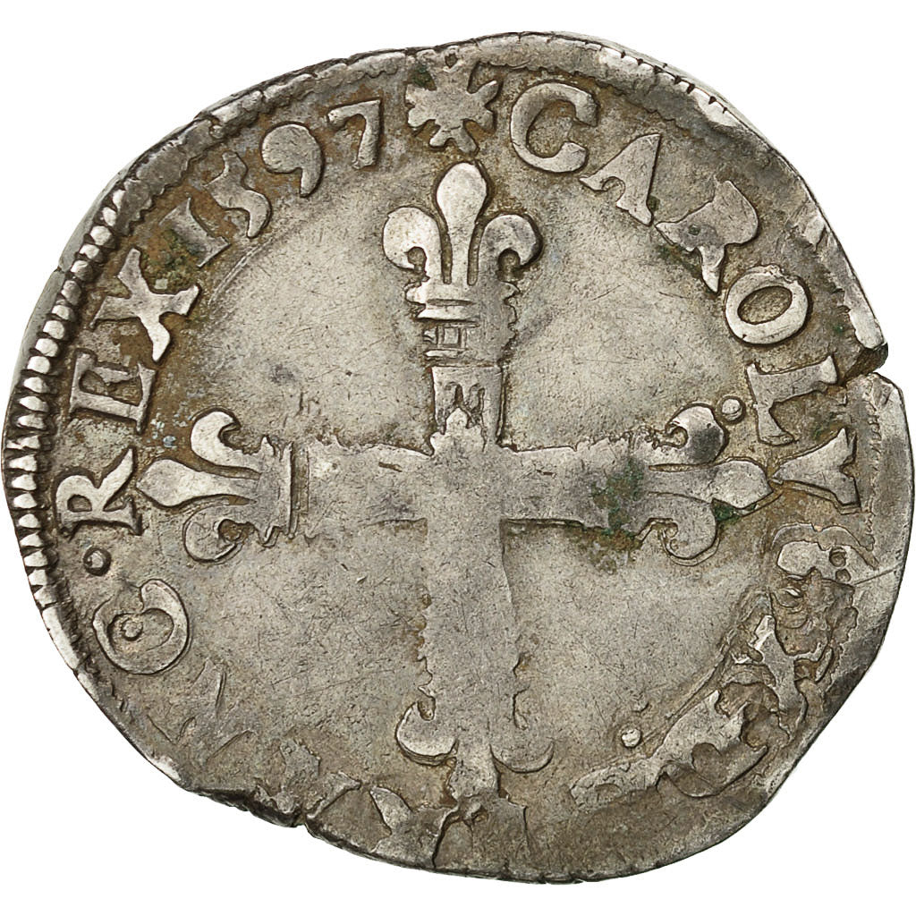 Moneda, Francia, Charles X, 1/4 Ecu, 1597, Nantes, BC+, Plata, Sombart:4670