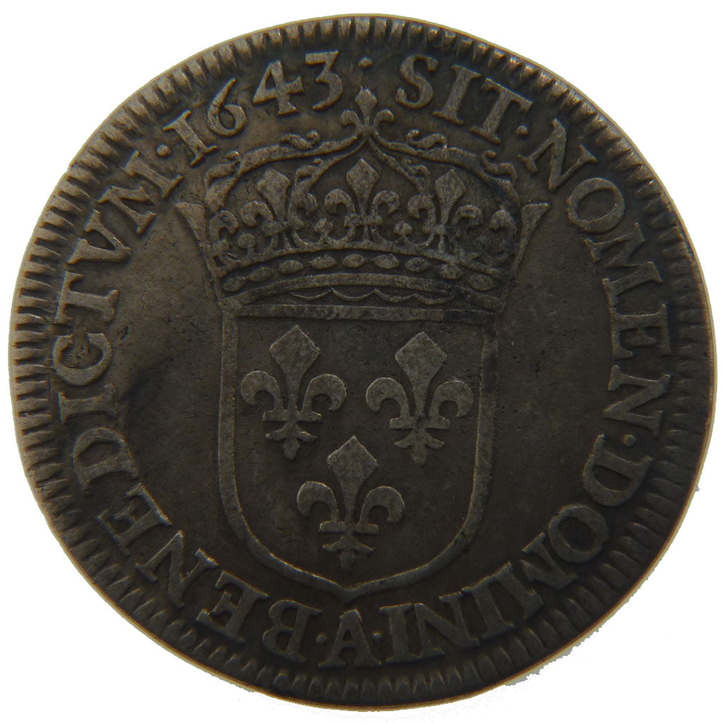 FRANCE, 1/4 Écu à la mèche courte, 1/4 ECU, 1643, Paris, KM #161.1, VF(30-35), S