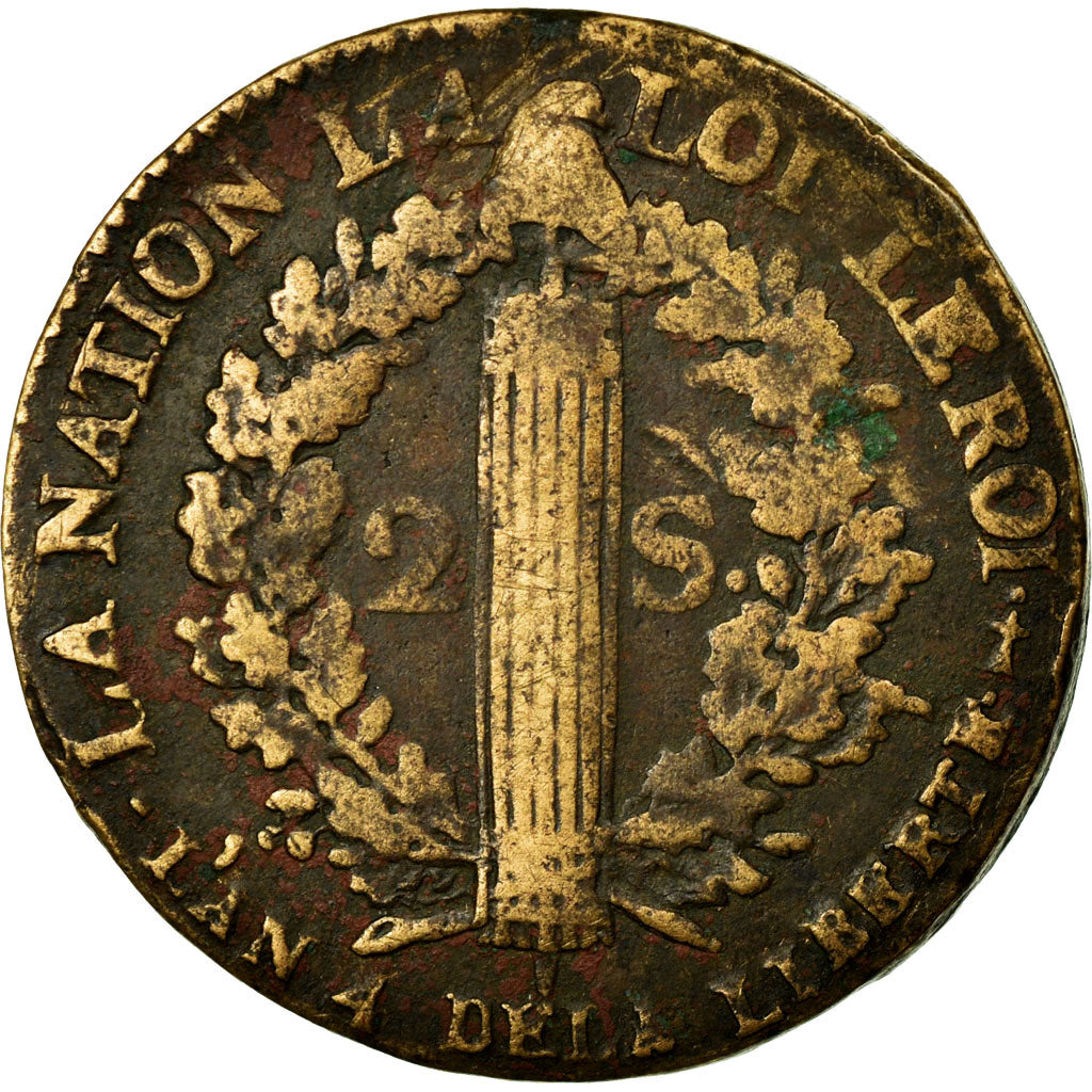 Moneda, Francia, 2 sols françois, 2 Sols, 1792, Metz, BC+, Bronce, Gadoury:25