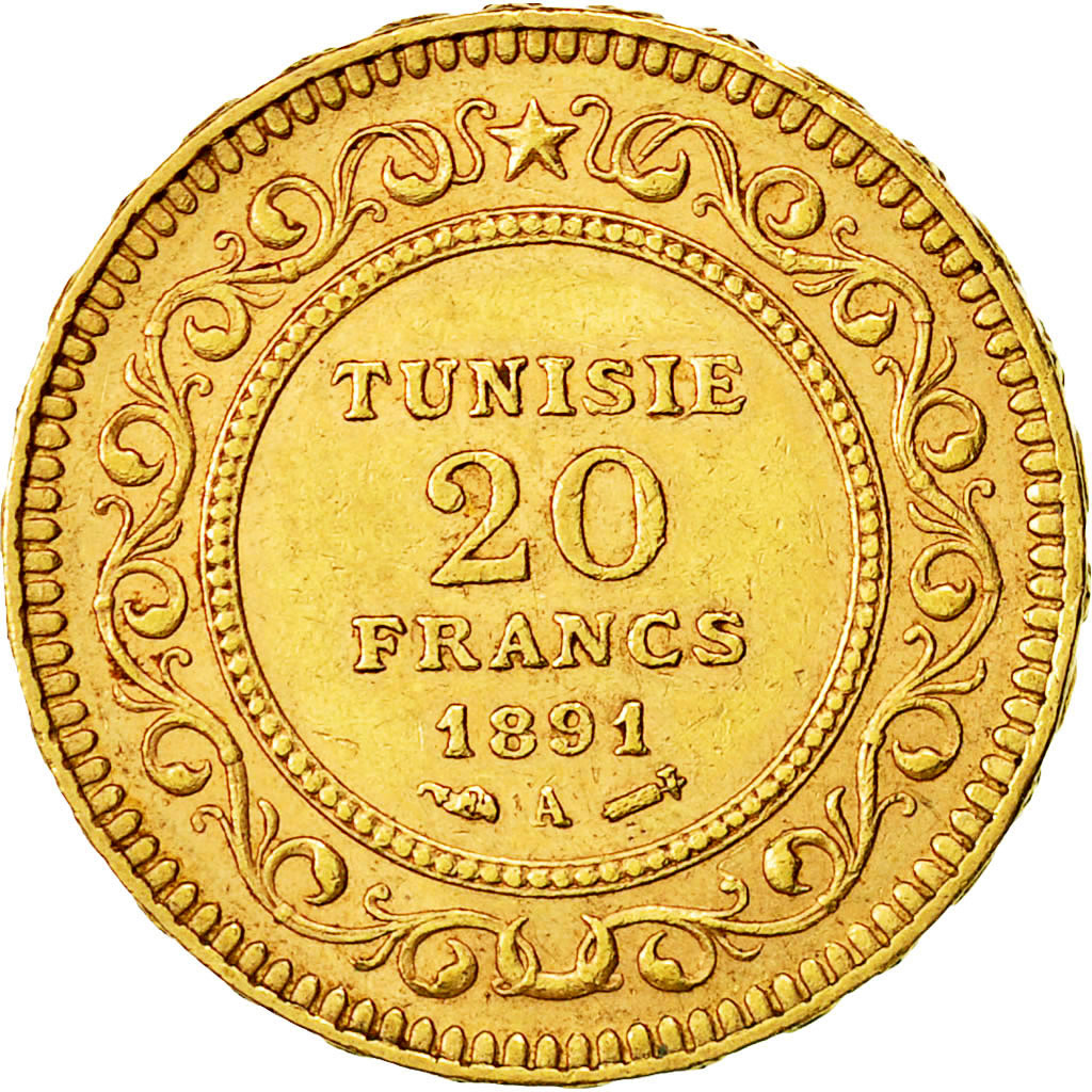 Coin, Tunisia, Ali Bey, 20 Francs, 1891, Paris, AU(50-53), Gold, KM:227