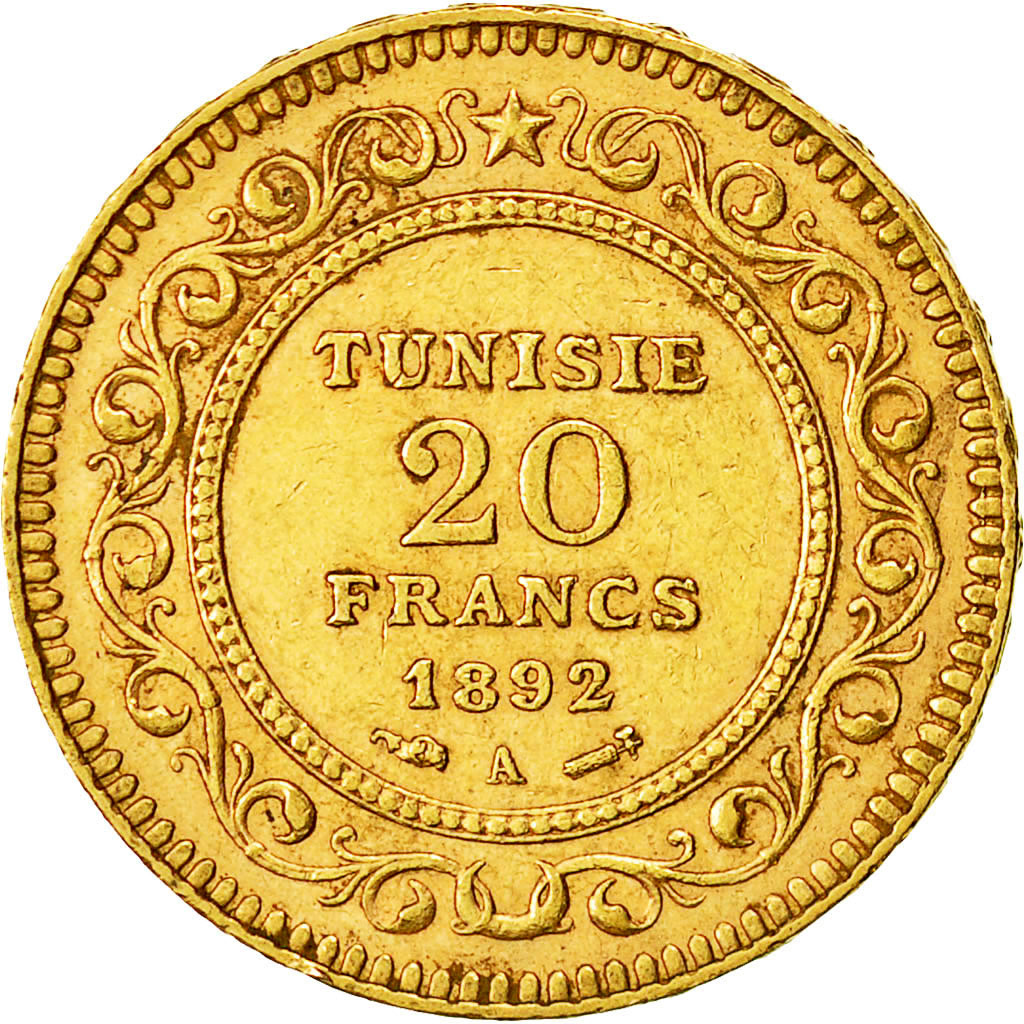 Coin, Tunisia, Ali Bey, 20 Francs, 1892, Paris, AU(50-53), Gold, KM:227