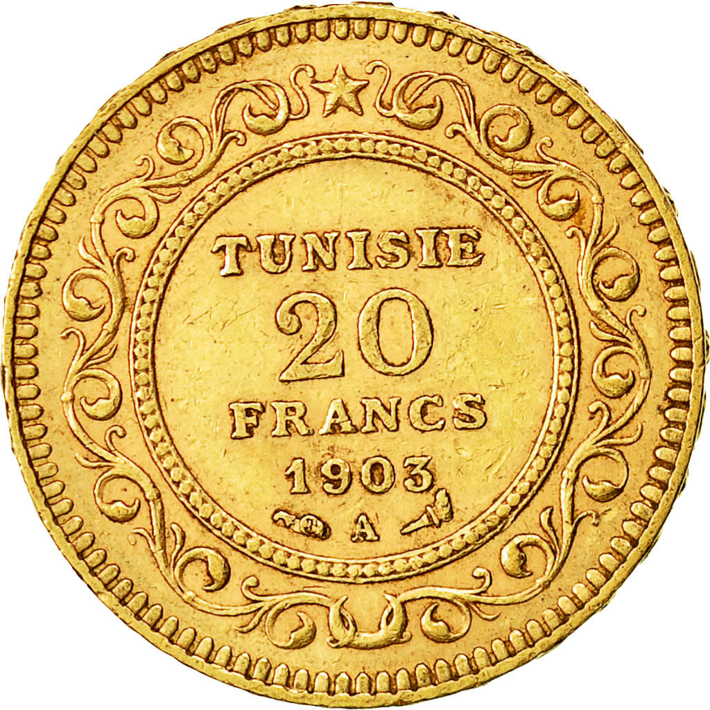 Moneta, Tunisia, Muhammad al-Hadi Bey, 20 Francs, 1903, Paris, BB, Oro, KM:234